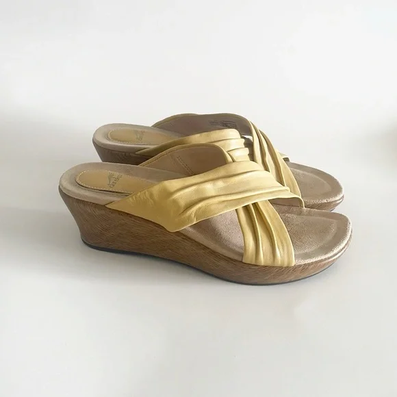 Dansko Avalon Leather Criss Cross Strap Mustard Yellow Wedge Sandals size 39 EU - Picture 2 of 9